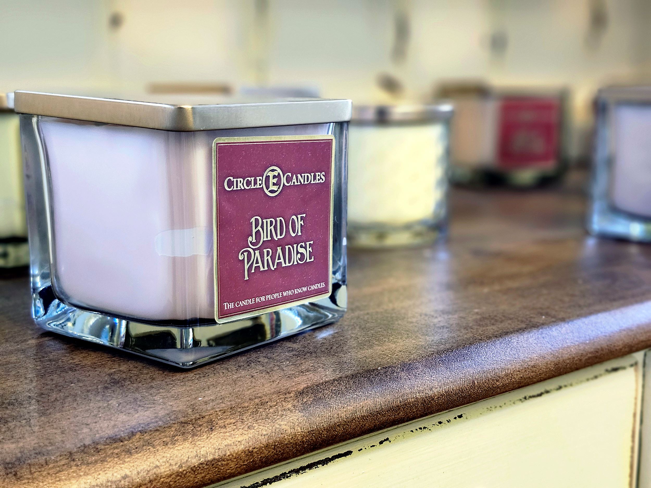 Close up view of a Circle E Candle