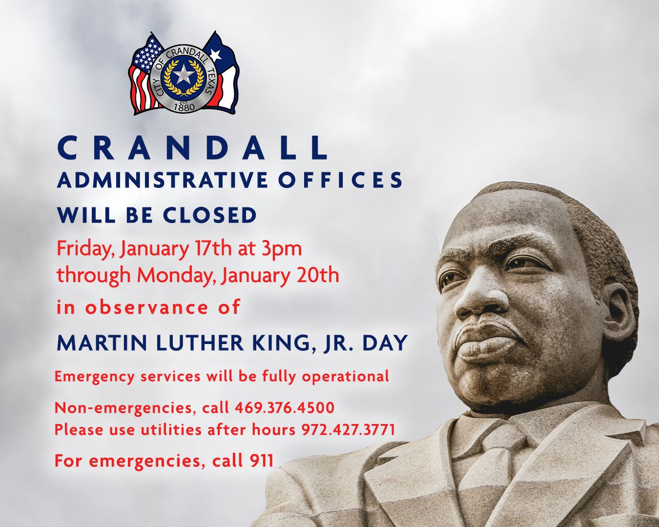 Offices closing 3pm Friday, Jan 17th through 4:30pm Monday, Jan 20th for MLK day